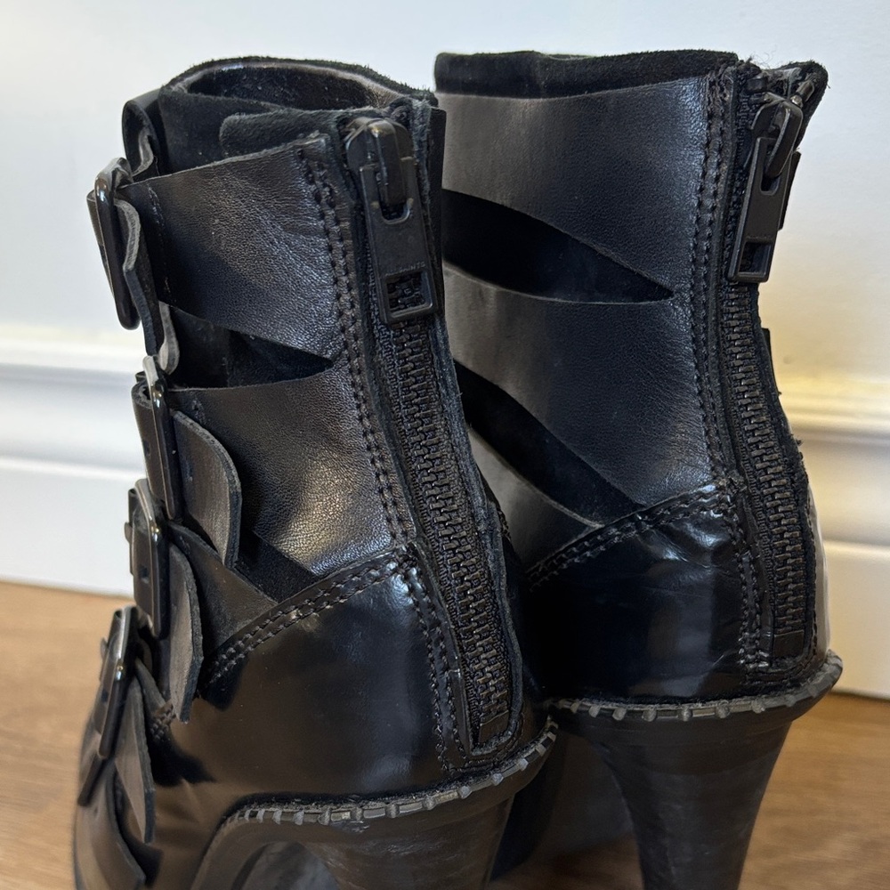 ALL SAINTS ‘Widow’ Black Leather Multi-Buckle Platform Heeled Boots 37 - Picture 9 of 12